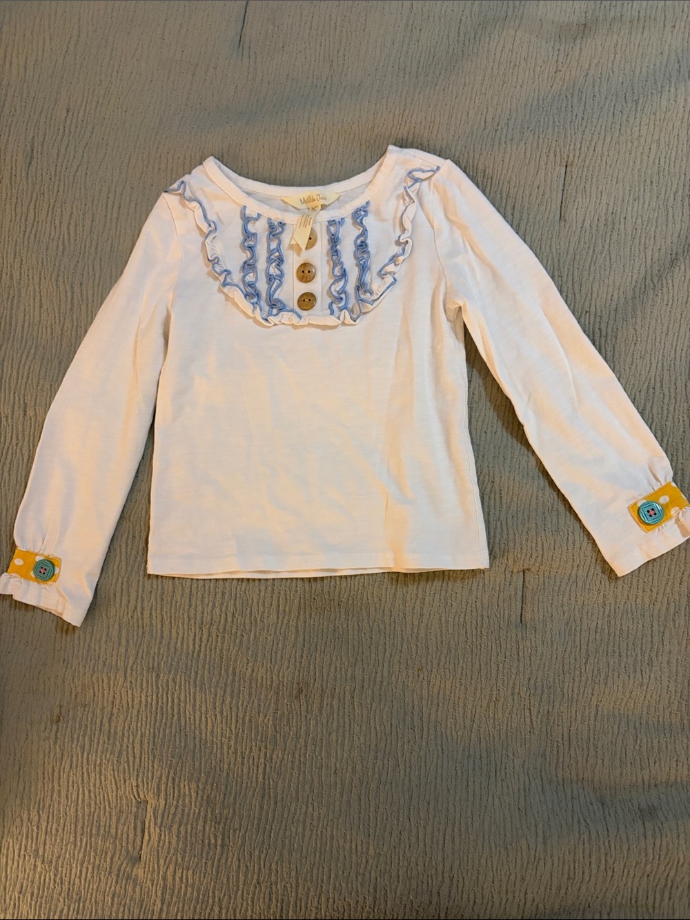 Matilda Jane Cream Long Sleeve Top with Blue Ruffle Trim
